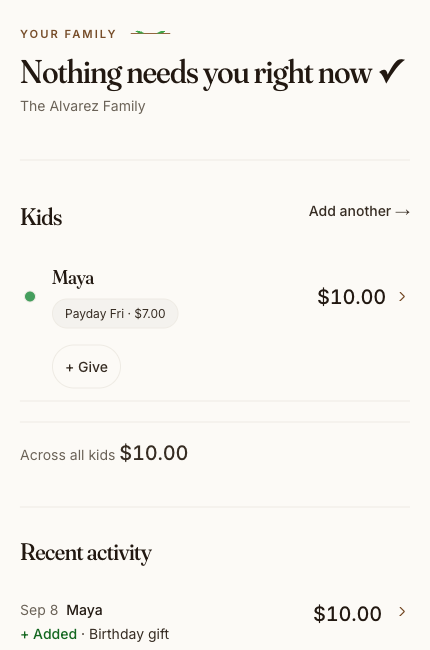 The family overview: Maya's balance, her next payday, and a birthday gift in the family's recent activity